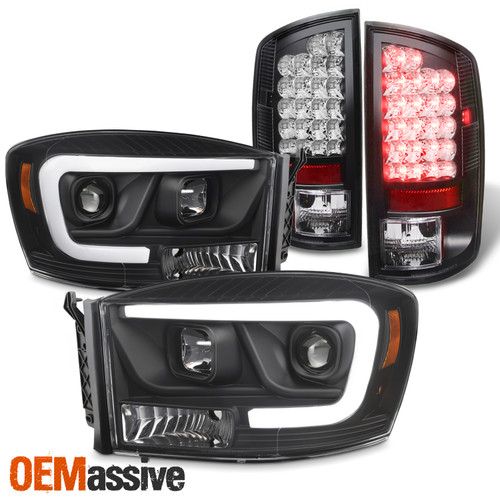 For 06-09 Dodge Ram 1500 2500 3500 Projector Headlights + Black LED Tail Lights