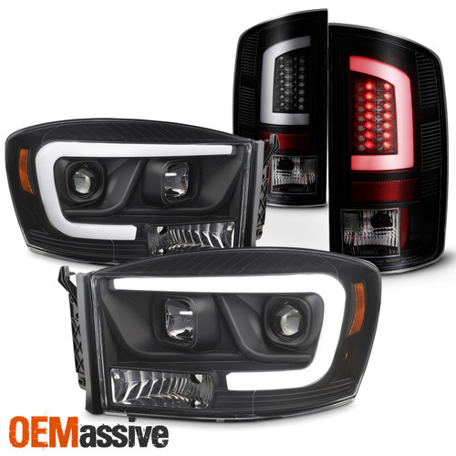 For 06-09 Ram 1500 2500 3500 Projector Headlights + Black Smoked LED Tail Lights