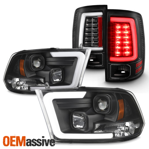 For 09-18 Ram 1500 2500 3500 Projector Headlight+Neon LED Tube Tail Lights Black