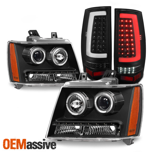 For 07-14 Chevy Tahoe Suburban LED Halo Projector Black Headlight+Tube TailLight