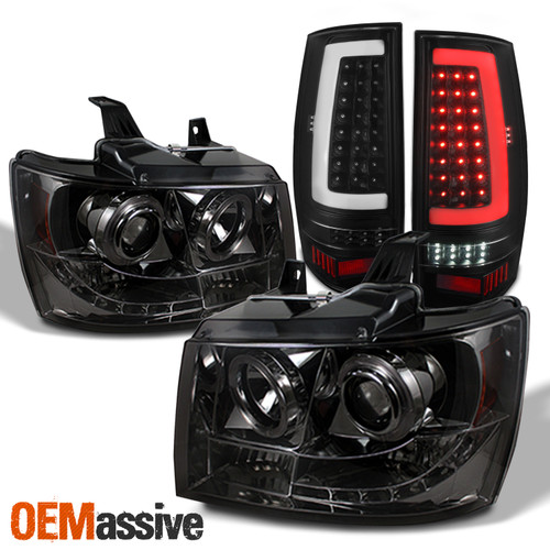 For 07-14 Chevy Tahoe Suburban Dual Halo Projector Smoke Headlamp+Black TailLamp