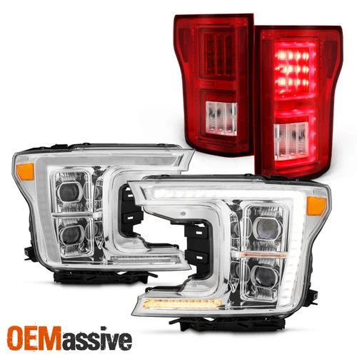 Fit 18-20 Ford F150 Full LED Projector Headlight Sequential Chrome+Red TailLight
