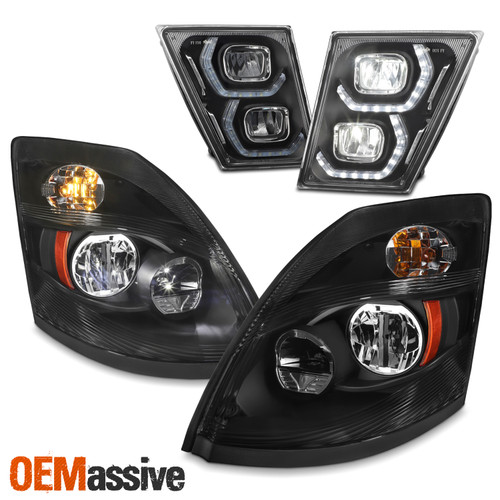 For 2003-2017 Volvo VNL Black Housing LED Headlights + Halo Bar Tube Fog Lights
