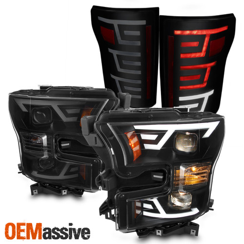 For 2015-2017 Ford F150 LED Bar DRL Projector Headlights+Tail Lights-Black Smoke