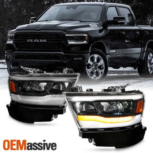 For 2019-2023 Ram 1500 [Full LED] Tube Headlights w/ Black Bezel Reflector Pair