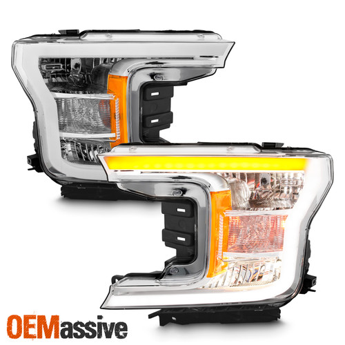 For 2018-2020 Ford F150 XL XLT Lariat Halogen Chrome Headlights Pair w/ LED DRL