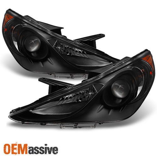 Fits 11-13 Sonata Black Projector Headlights Replacement Left + Right Pair Set