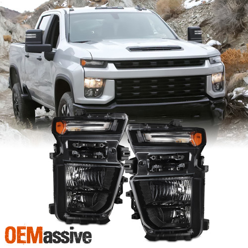 For 20-23 Chevy Silverado 2500HD 3500HD WT/LT/CUSTOM Halogen Black HeadLamp Pair