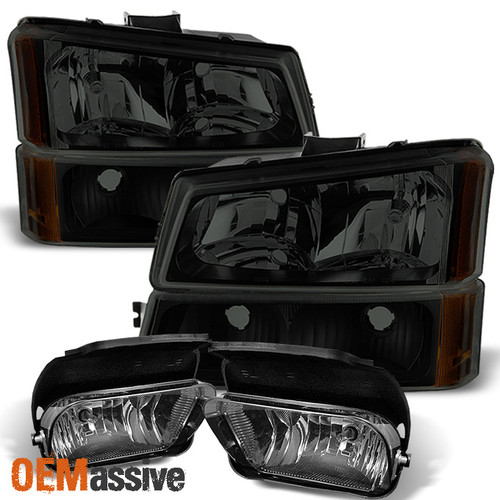 Fits 2003-06 Silverado 1500 2500 3500 Black Smoked Headlights+Bumper+ Fog lights