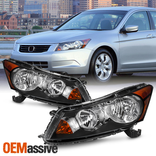 For 2008-2012 Honda Accord Sedan 4-Door Halogen Type Headlights Black Pair/Set