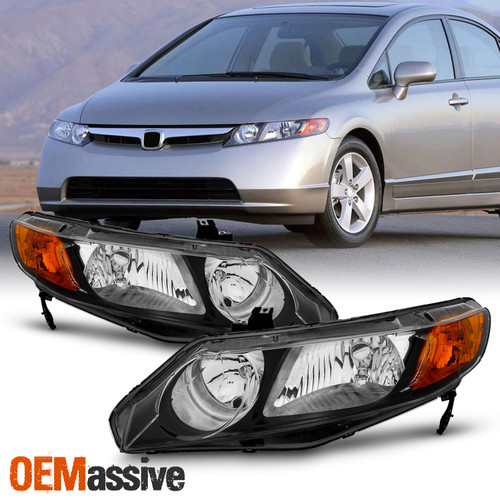 For 2006-2011 Honda Civc Sedan 4-Door Halogen Type Headlights Black Housing Set
