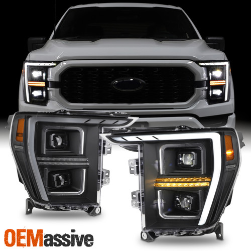 For 2021-2023 Ford F150 LED Sequential Signal Halogen Projector Black Headlights