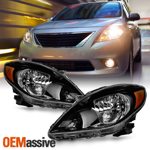 For 2012-2014 Nissan Versa Sedan [Halogen Type] Black Headlights Pair Left+Right