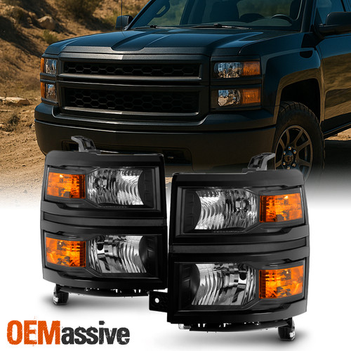 Fit 2014-2015 Chevy Silverado 1500 Pickup Black Headlights L+R Replacement