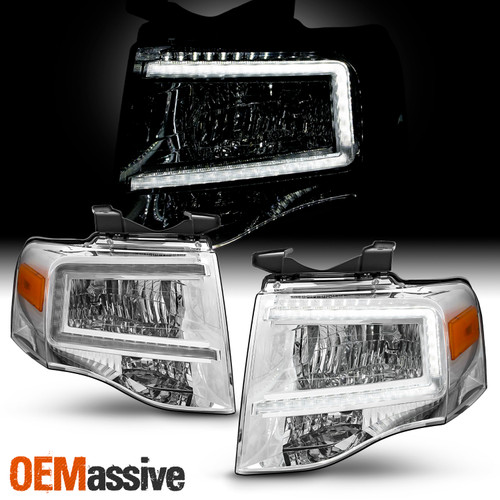 For 2007-2014 Ford Expedition LED Bar C-Tube Parking Lamp Chrome Headlights Pair