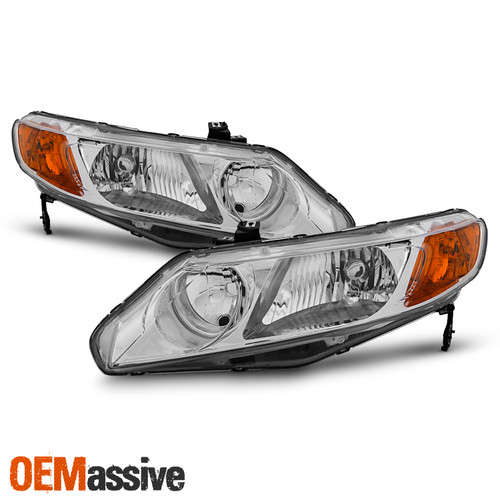 For 2006-2011 Honda Civic Sedan 4Dr Chrome Headlights Pair w/ Amber Corner Lamp
