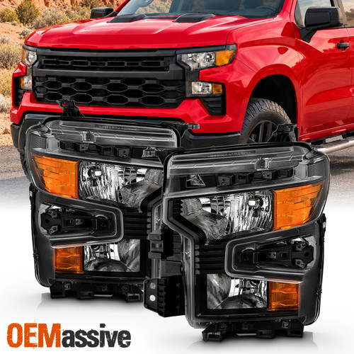 For 2022-2024 Chevy Silverado 1500 Halogen Type Black Headlights Pair Left+Right