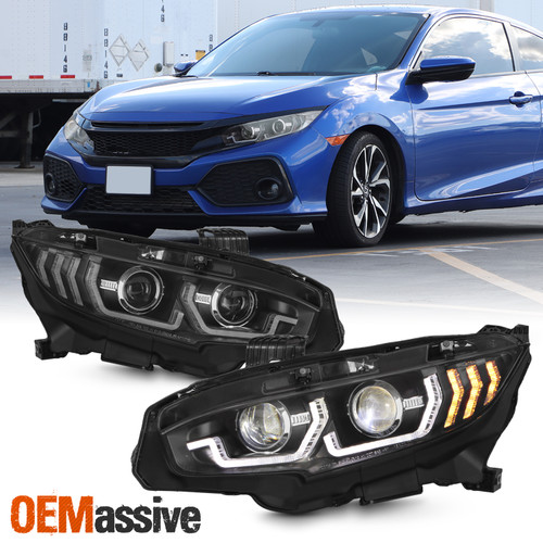 For 16-20 Honda Civic [LED Type] Projector Black Headlights w/ Sequential Signal