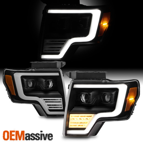 For 2009-2014 Ford F150 Halogen Projector Black Headlights w/LED Tube DRL Signal