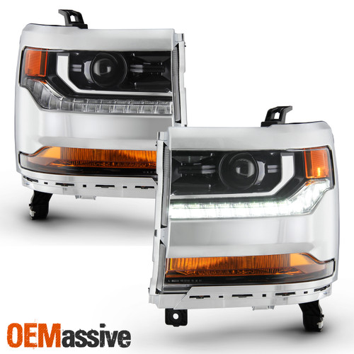 For 16-18 Silverado 1500 LED DRL Running [HID/Xenon] Projector Chrome Headlights