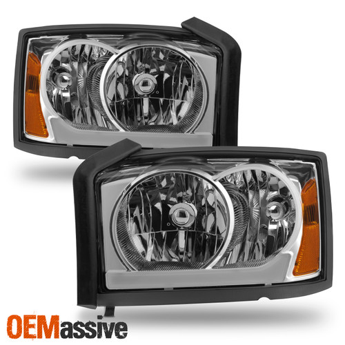 For 2005 2006 2007 Dodge Dakota Chrome Headlights Pair Left+Right w/LED Tube DRL