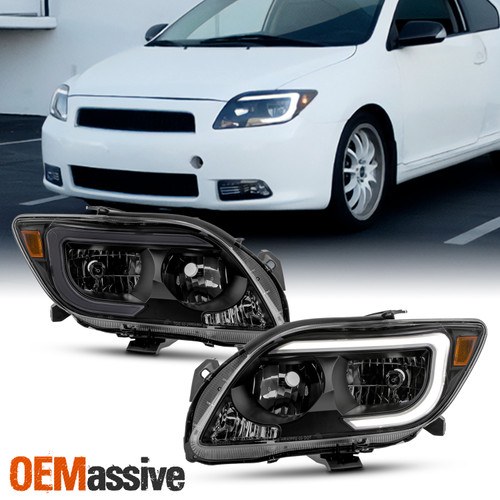 For 2005-2007 Scion tC Black Headlights Pair Left+Right w/ LED DRL Running Tube