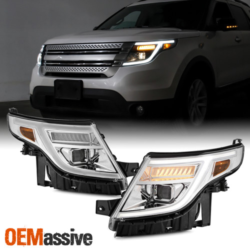 For 11-15 Ford Explorer Halogen Projector Chrome LED Sequential Signal Headlight