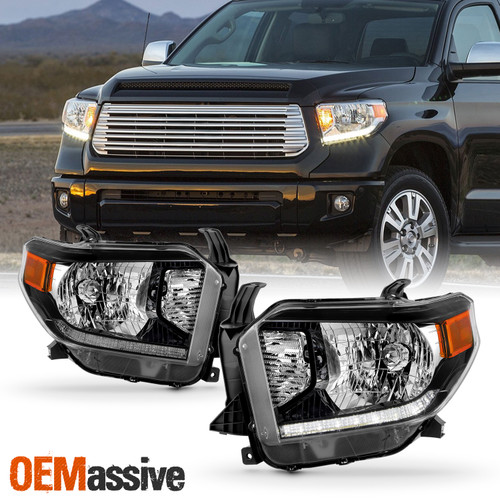 For 2014-2021 Toyota Tundra Halogen w/LED DRL Headlights Headlamp Black Assembly