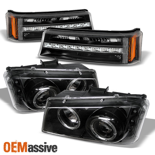 For 03-06 Chevy Silverado Avalanche Halo Black Projector Headlights + LED Bumper
