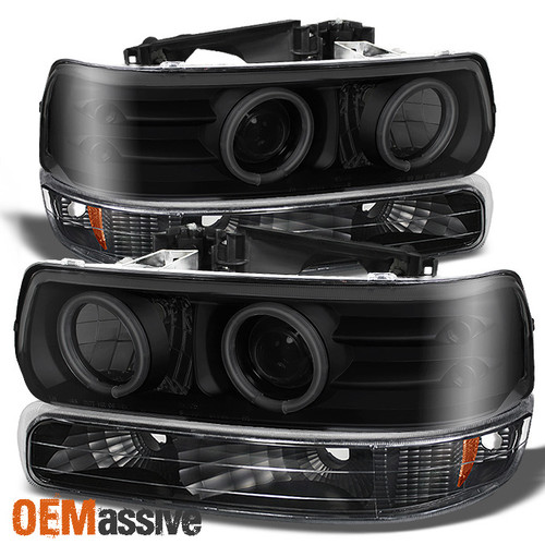 Fits 99-02 Silverado 00-06 Suburban Black Smoke CCFL Projector Headlights+Bumper