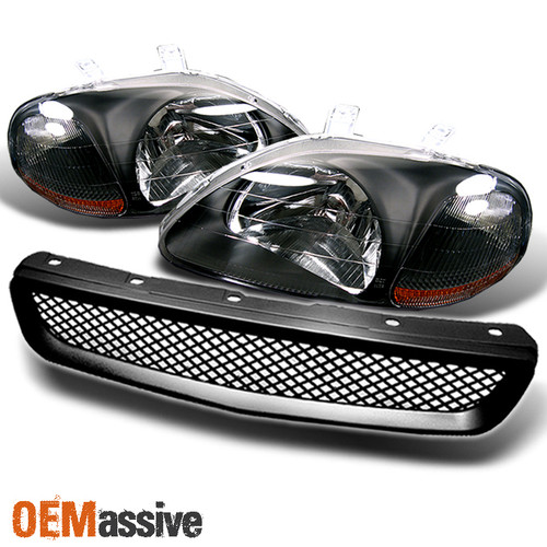 Fits 96-98 Honda Civic Black Crystal Headlights + Sport Front Mesh Grille Grill