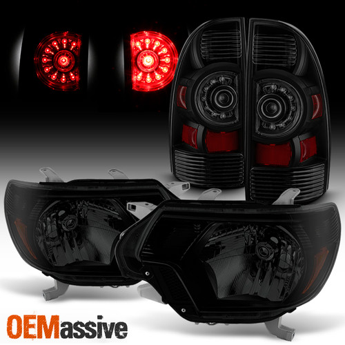 Fits 2012-2015 Toyota Tacoma [Black Smoked] Headlights + LED Tail Brake Lights