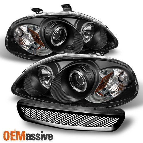 Fits 96-98 Civic Halo Projector Black Headlights+Black Front Hood Grille Grill