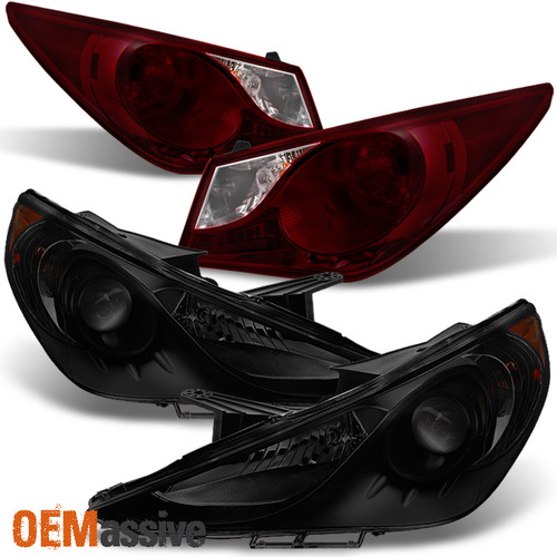 Fits 11-13 Sonata Black Smoke Headlights + Dark Red Tail Lights Replacement Set