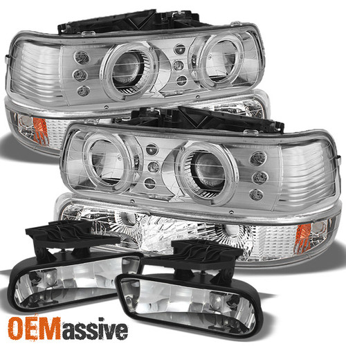 Fits 99-02 Silverado Halo Projector LED Headlights+Clear Bumper Signal+Clear Fog
