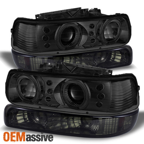 Fits Smoked 99-02 Silverado Halo Projector Headlights+Smoked Amber Bumper Signal