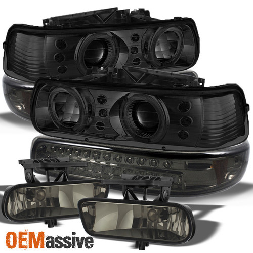 Fits 99-02 Silverado Smoke Halo Projector Headlights+Smoke LED Bumper Signal+Fog