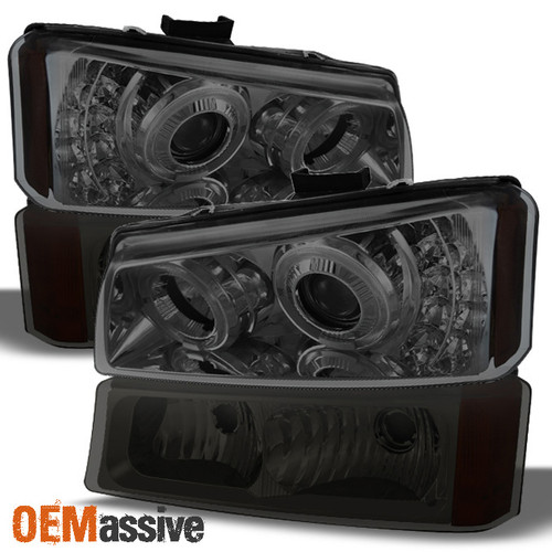 Fits Smoke 03-06 Silverado Halo Projector DRL LED Headlights+Bumper Signal Lamps