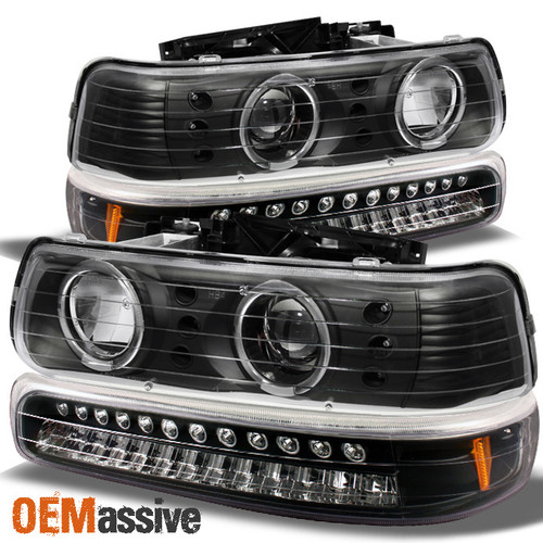 Fits 99-02 Silverado Halo Projector LED Headlights+Black LED Bumper Signal Lamp