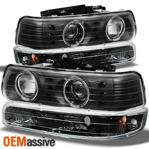 Fits 99-02 Silverado Black Halo Projector LED Headlights+Black Bumper Signal
