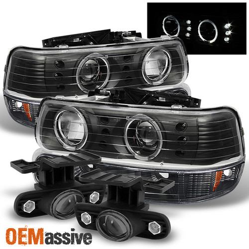 Fits 99-02 Silverado Black Halo Projector Headlights+Bumper Signal+Projector Fog