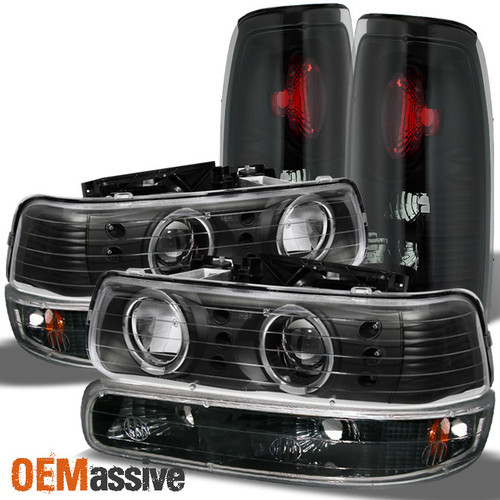 Fits 99-02 Silverado Halo Projector Headlights+LED Bumper+Black Smk Tail Lights