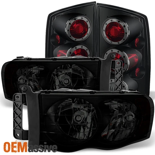 Fit 02-05 Dodge Ram 1500 03-05 2500 3500 Black Smoked Headlights+LED Tail Lights