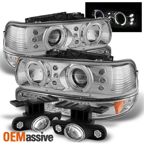 Fits 99-02 Silverado Halo Projector Headlights+Bumper Signal+LED Projector Fog