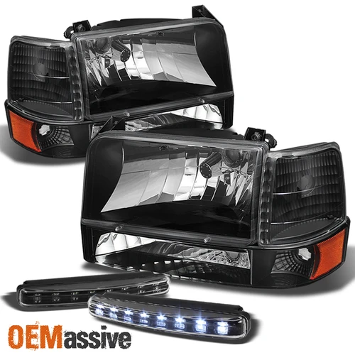 Fits 92-96 F150 F250 F350 Crystal Black Headlights Lamps+DRL LED Running Lamps