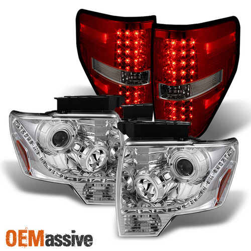 Fits 09-14 F-150 DRL Halo Chrome Projector Headlights+Red Smoked LED Tail Lights