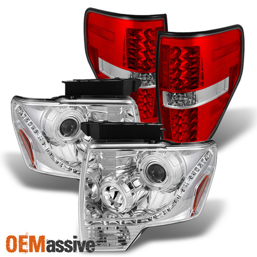 Fits 09-14 F-150 DRL Halo LED Projector Clear Headlights + Red LED Tail Lights