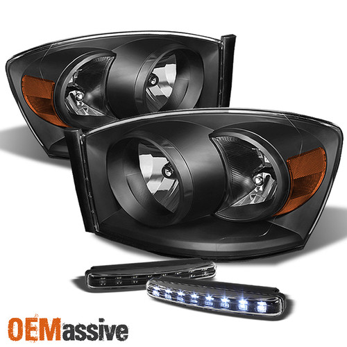 Fits 06-08 Ram 1500 06-09 2500 3500 Crystal Black Headlights + DRL LED Lamps
