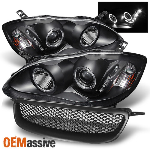 Fits Black 03-04 Toyota Corolla Halo Projector LED Headlights+Black Front Grille