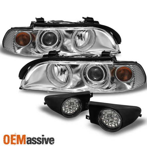Fits 97-00 E39 5-Series Chrome Halo Projector Headlights+LED Fog Lights W/Switch